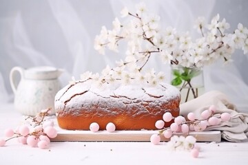 Obraz na płótnie Canvas Easter sweet bread or cakes with white icing and sugar decor, colored eggs and cherry blossom tree branch over white table. Various Spring Easter cakes. Happy Easter day