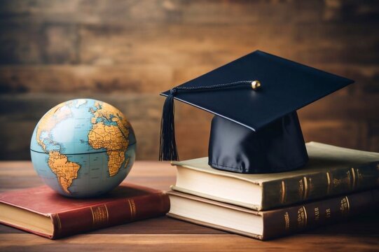 Education to learn study in world. Graduated student studying abroad international idea. Master degree hat on top globe book. Concept of graduate educational for long distane learning anywhere anytim