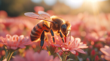Close-Up of a Honeybee on Pollinating Flower