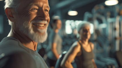 Smiling Senior Fitness Trainer at Gym Overseeing Exercise Routine with Blurred Background