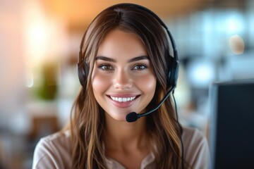 Call center, young woman and smile wear headset with mic in contact. Customer service consultant. Generative AI.