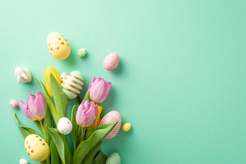 Egg-citing Easter vibes! Top view shot of a floral arrangement featuring tulips and lively eggs, paired with cute bunny figure. Resting on teal background, offering space for your text or marketing