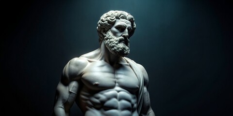 Fototapeta na wymiar standing greek statue of philosophy with beard and muscle, cinematic, 8k, dark background