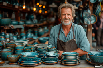 Potter at a market stall showcasing an array of handmade ceramic items, illustrating the connection between the artisan and the end user in the world of bespoke pottery