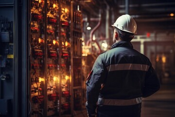 Fototapeta premium Engineer wearing safety uniform and helmet under checking fire evacuation alarm emergency system in industry factory and exit door is factory security protection concept