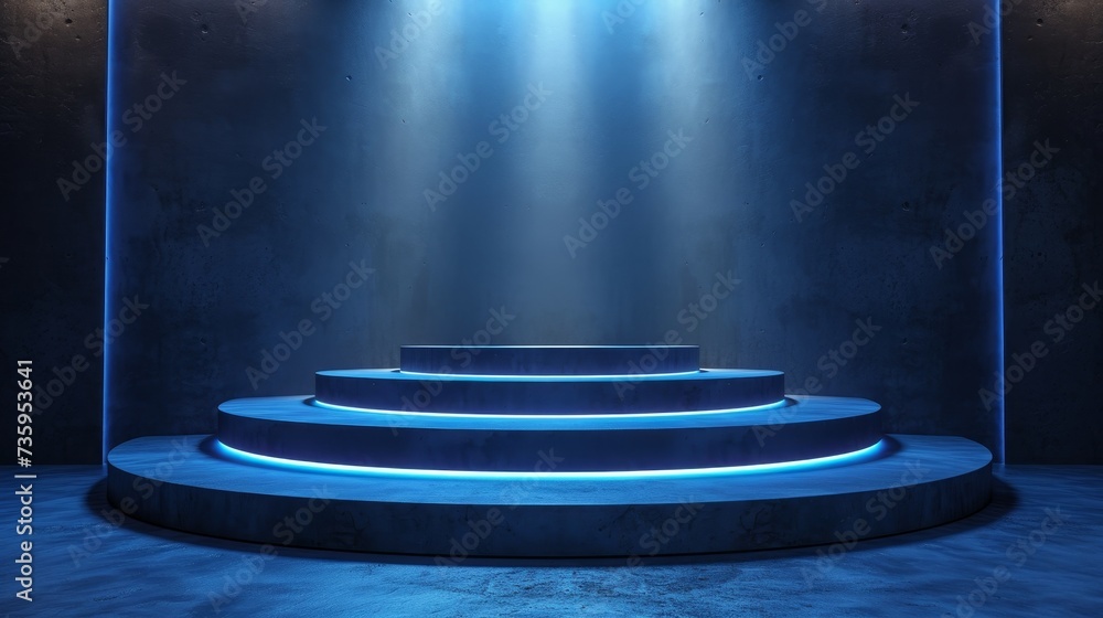 Aufkleber An empty podium with shadows and light on a blue background. Mockup of a product presentation.