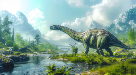 Brachiosaurus wading through a foggy river landscape with towering green mountains, ai generated