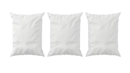 three simple rectangular white bed pillows, isolated on transparent background