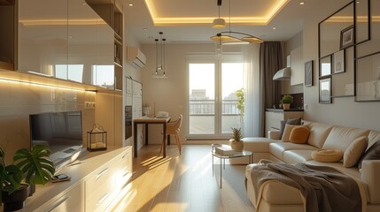 Interior of a studio apartment for rent. Generative AI.