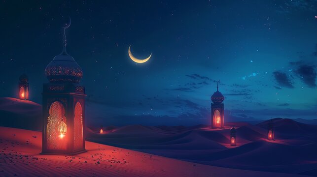 Lanterns in the desert under starry night sky with mosque and crescent moon, Ramadan Kareem illustration, blue background