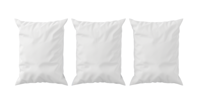 three simple rectangular white bed pillows, isolated on transparent background