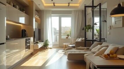 Interior of a studio apartment for rent. Generative AI.