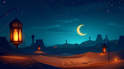 Lanterns in the desert under starry night sky with mosque and crescent moon, Ramadan Kareem illustration, blue background