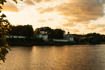 Pskov, Russia, September 6, 2023. View of the Mirozhsky Monastery at sunset.
