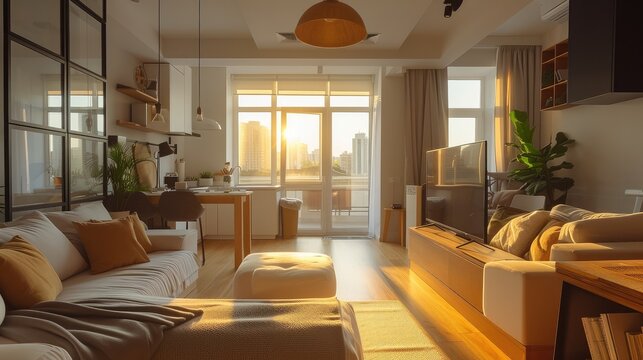 Interior of a studio apartment for rent. Generative AI.