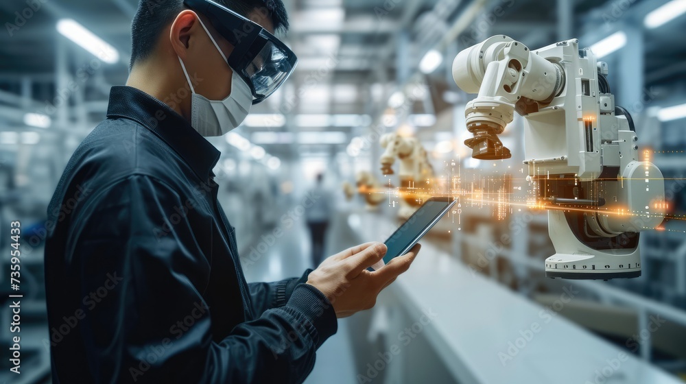 Poster Engineer using tablet with machine real time monitoring system software in smart factory automotive industrial Industry. Automation robot arm machine. welding robots. Generative AI.