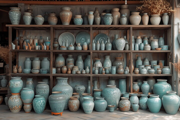 Fototapeta na wymiar Potter's studio with shelves adorned with beautifully glazed ceramic creations, reflecting the diverse outcomes of handmade pottery