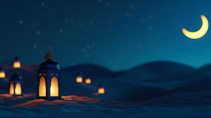 Lanterns in the desert under starry night sky with mosque and crescent moon, Ramadan Kareem illustration, blue background