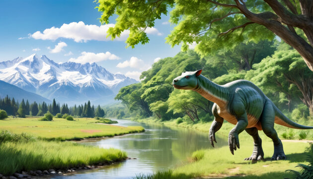 Parasaurolophus beside a river with lush trees and snowy mountains in the background, ai generated