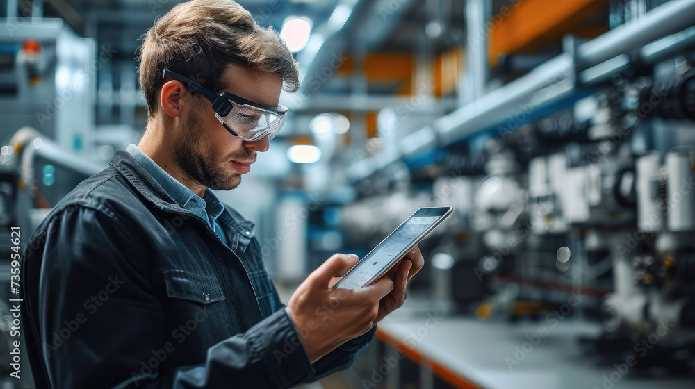 Poster Engineer using tablet with machine real time monitoring system software in smart factory automotive industrial Industry. Automation robot arm machine. welding robots. Generative AI.