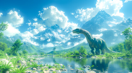 T. Rex roaming alongside a river in a vibrant landscape with fluffy clouds and mountains,ai generated