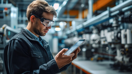 Engineer using tablet with machine real time monitoring system software in smart factory automotive industrial Industry. Automation robot arm machine. welding robots. Generative AI.