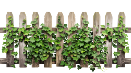 an old wooden fence overgrown with a weaving green ivy leaves, isolated on transparent background