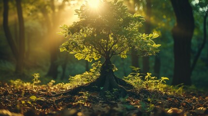 A money tree in a forest. Generative AI.