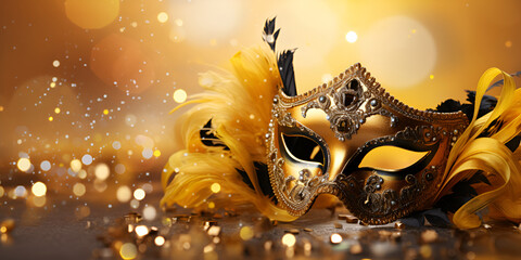 Carnival Party - Venetian Mask On Yellow Satin With Shiny Streamers
