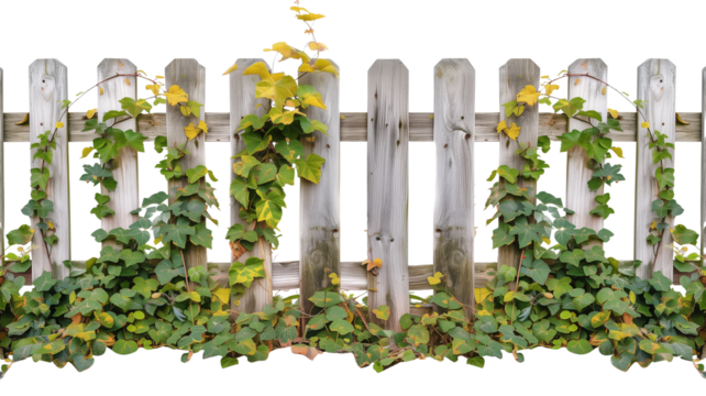 an old wooden fence overgrown with a weaving green autumn ivy yellowing leaves, isolated on transparent background