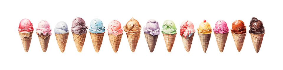 Different flavors of ice cream on transparent background, ice cream set for banner - obrazy, fototapety, plakaty