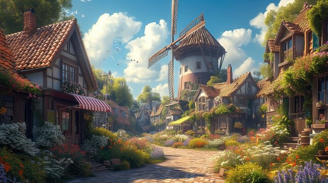 A village on a windmill with a coffee shop, in the style of tranquil garden scapes. Generative AI.