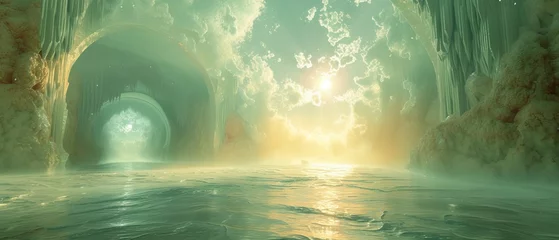 Fotobehang 3D depiction of heaven's gates as luminescent pearl archways, transcending into a serene, otherworldly landscape, bathed in a soft, divine glow. © Bilas AI