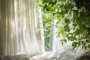 Part of the interior, green indoor plants by the window with a translucent white curtain