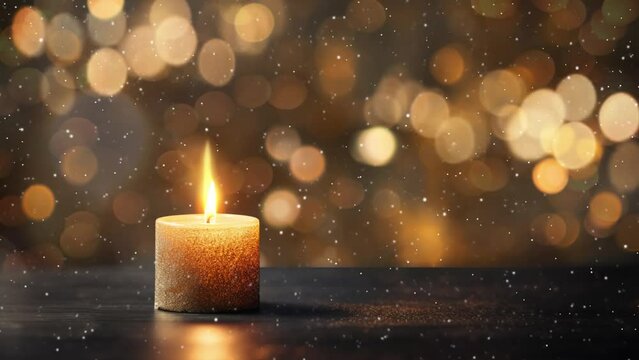 christmas background decoration. burning candle on black background with bokeh christmas. seamless looping overlay 4k virtual video animation background 