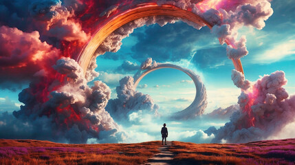 A figure stands before a surreal landscape featuring a gigantic ring structure with clouds and a fiery arc against a blue sky - obrazy, fototapety, plakaty