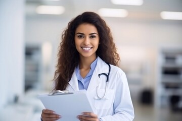 Portrait of young latin american female doctor wearing white coat standing in clinic office, filling out medical form at clipboard
