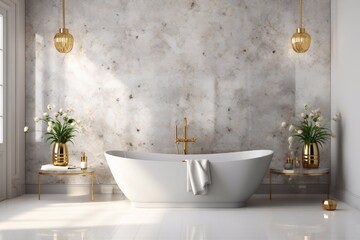 Realistic 3D render a blank empty marble table top for products mock up in modern luxury bathroom with classic vintage bathtub and golden faucets set in background. Mosaic wall tiles, Copy space