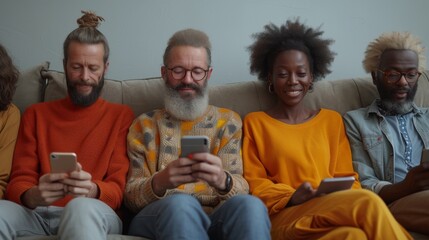 People using cell phones to browse the internet while relaxing in armchairs at home, smiling multi-ethnic people using smartphones to browse the Internet, enjoying modern technology, collage.