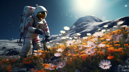 Astronaute en combinaison avec un casque dans les fleurs sur une autre planète dans l'espace