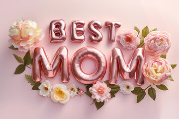 foil balloons and flowers on a pastel pink background. mothers Day. greeting card