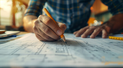 Architect marking blueprints for home renovation project - obrazy, fototapety, plakaty