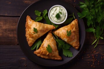 Samosa pasties with meat, top view - obrazy, fototapety, plakaty