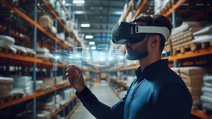 Engineer using smart glasses, Future virtual reality technology for innovative VR warehouse management. Concept of smart technology for automated logistic control. Generative AI.