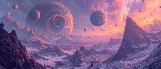 Deurstickers A bizarre, mountainous landscape where the peaks twist into spirals reaching towards a sky scattered with floating, luminous orbs. © Bilas AI