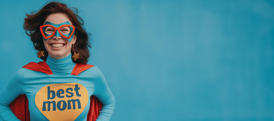 woman in a superhero costume with the inscription - best mom on her chest. isolated on blue background with copy space. 