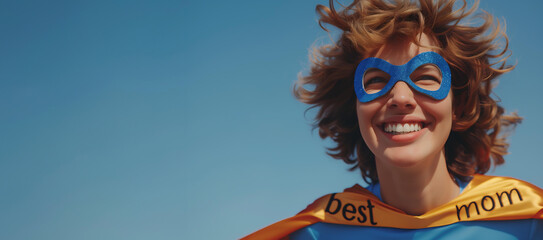 woman in a superhero costume with the inscription - best mom on her chest. isolated on blue background with copy space. 