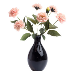 black vase with beautiful pink beige flowers, isolated on transparent background