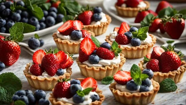 delicious tartlets with strawberries, blueberries on the table