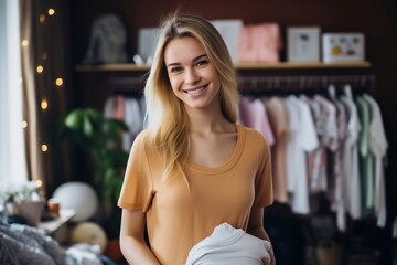 Smiling pregnant woman holding baby clothing at home